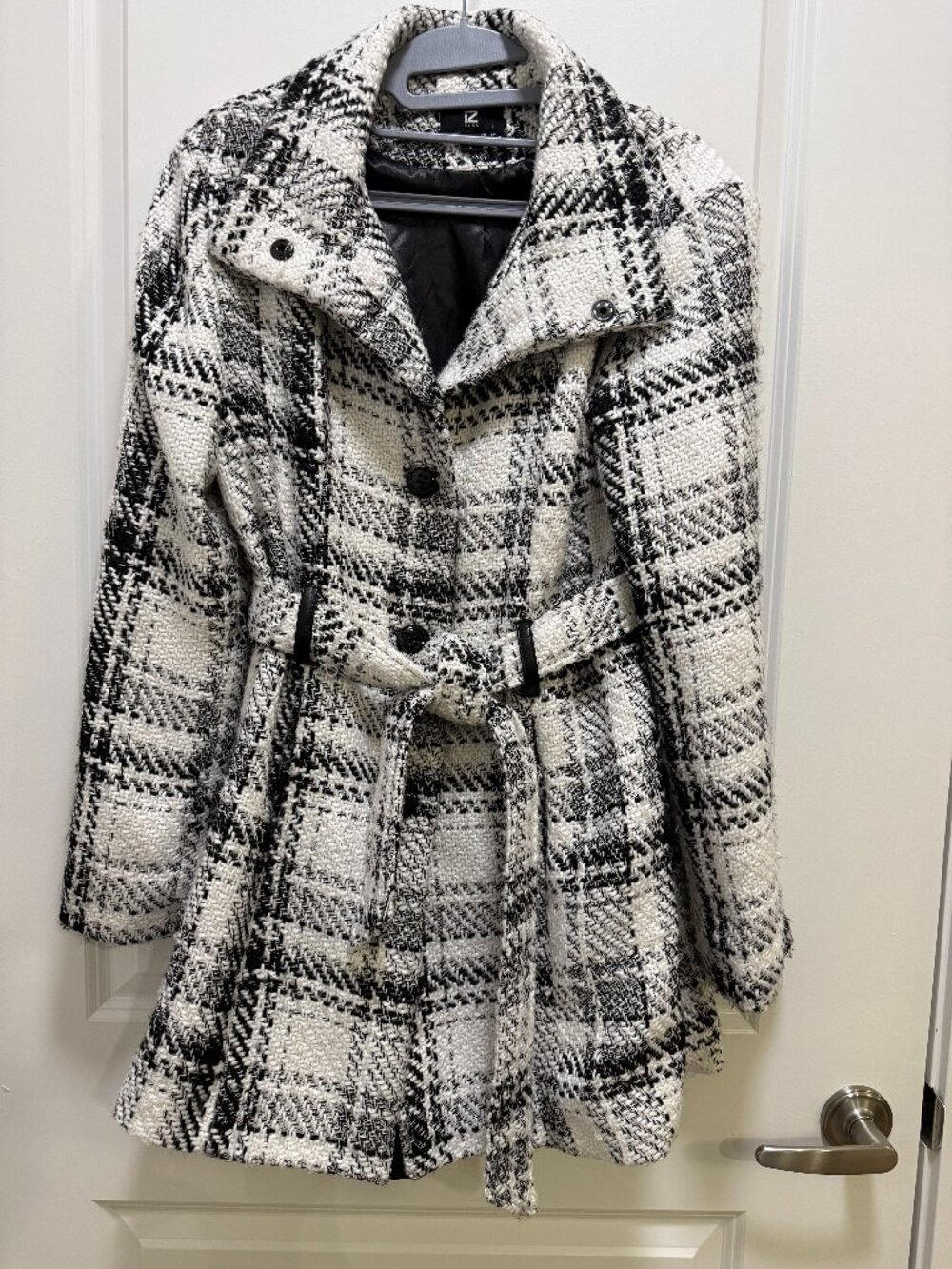 IZ BYER IZ Byer Women's Black White Plaid Belted Tweed Peacoat Jacket Size L Bla